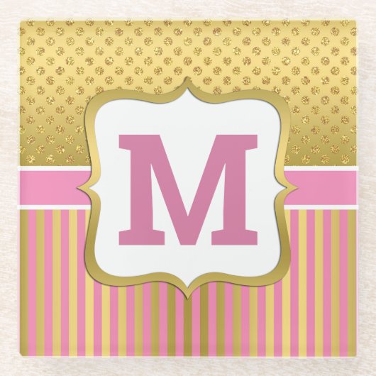 かわいらし金ゴールドグリッタードットとピンクストライプ色 ガラスコースター (正面)