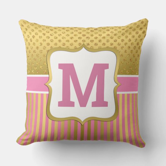 かわいらし金ゴールドグリッタードットとピンクストライプ色 クッション (正面)