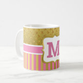 かわいらし金ゴールドグリッタードットとピンクストライプ色 コーヒーマグカップ (正面左)