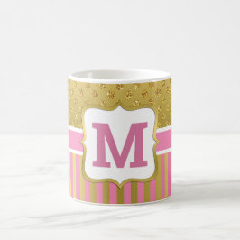 かわいらし金ゴールドグリッタードットとピンクストライプ色 コーヒーマグカップ