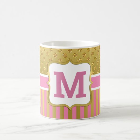 かわいらし金ゴールドグリッタードットとピンクストライプ色 コーヒーマグカップ (中央)
