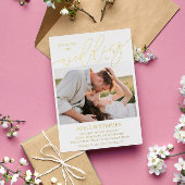 かわいらし金ゴールドスクリプト写真の両面結婚表示 箔招待状