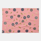 かわいらし金ゴールドネイビーブルーピンクの花と葉 キッチンタオル (横)