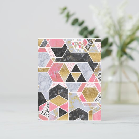 かわいらし金ゴールドフェイクグリッター大理石幾何学デザイン ポストカード (スタンド正面)