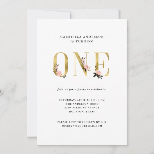 かわいらし金ゴールドフローラ文字|第1回誕生日パーティー 招待状 (正面)