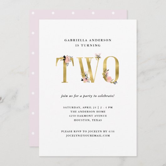 かわいらし金ゴールドフローラ文字|第2誕生日パーティー 招待状 (正面/裏面)