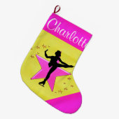 かわいらし金ゴールド及びピンクパーソナライズされたスケートで滑るストッキング ラージクリスマスストッキング (正面 (吊り時))