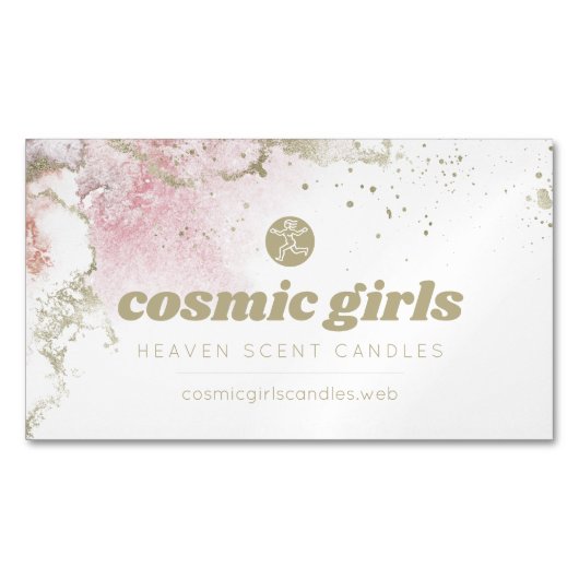 かわいらし金ゴールド&ピンク水彩 マグネット名刺 (正面)