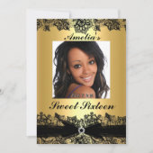 かわいらし金ゴールド&ブラックレースフォトスイート16招待状 招待状 (正面)