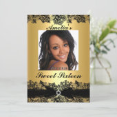 かわいらし金ゴールド&ブラックレースフォトスイート16招待状 招待状 (スタンド正面)