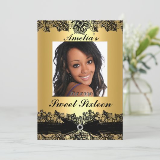 かわいらし金ゴールド&ブラックレースフォトスイート16招待状 招待状 (スタンド正面)