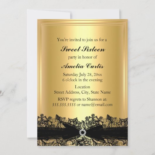 かわいらし金ゴールド&ブラックレースフォトスイート16招待状 招待状 (裏面)