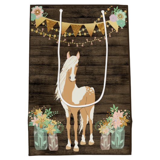 かわいらし馬と花がバ素朴ンウッド ミディアムペーパーバッグ (裏面)