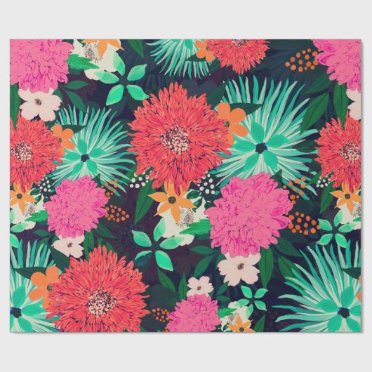 かわいらし鮮やかフローラ絵を描·ネービー·ブルー·デザイン ラッピングペーパー (フラット)