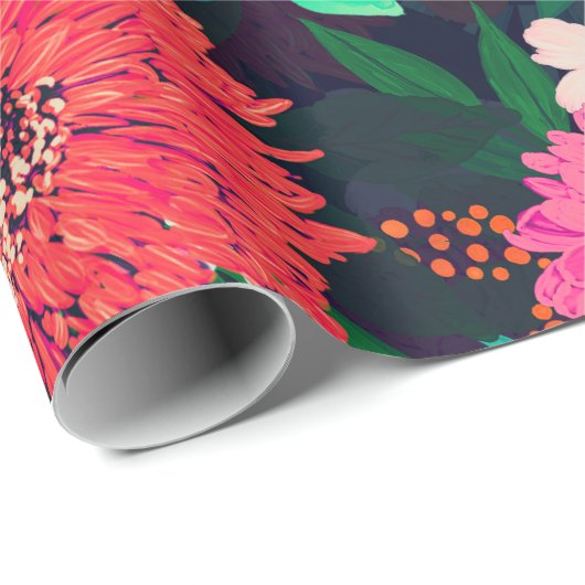 かわいらし鮮やかフローラ絵を描·ネービー·ブルー·デザイン ラッピングペーパー (ロールコーナー)