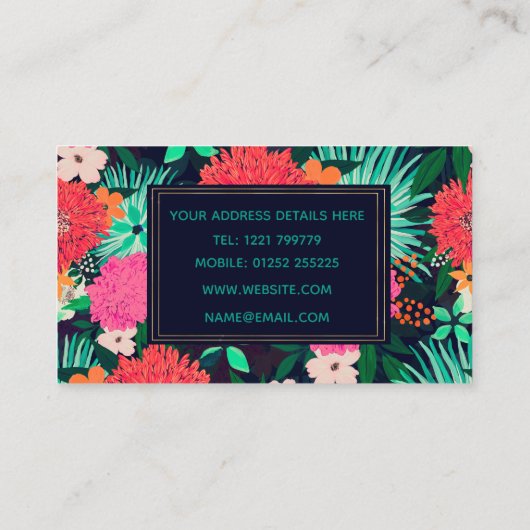 かわいらし鮮やかフローラ絵を描·ネービー·ブルー·デザイン 名刺 (裏面)