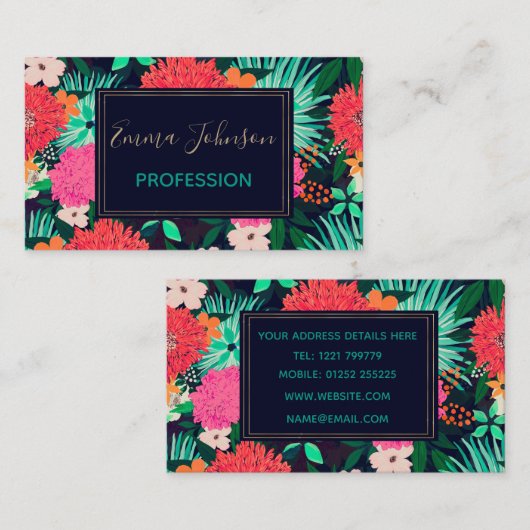 かわいらし鮮やかフローラ絵を描·ネービー·ブルー·デザイン 名刺 (正面/裏面)