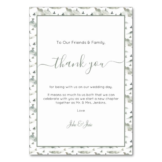 かわいらし鳥と丘の結婚あなた感謝していテーブルカード テーブルナンバー (正面)