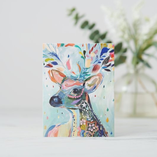 かわいらし鹿モダンアート花〔雄ジカの〕枝角 ポストカード (スタンド正面)