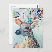 かわいらし鹿モダンアート花〔雄ジカの〕枝角 ポストカード (正面/裏面)