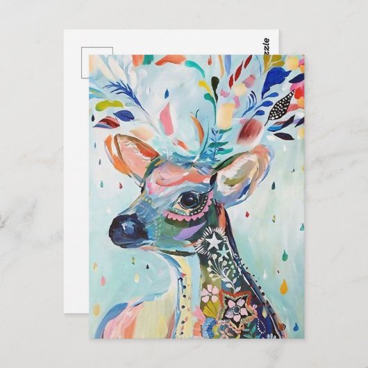 かわいらし鹿モダンアート花〔雄ジカの〕枝角 ポストカード (正面/裏面)