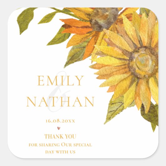 かわいらし黄ひまわりエレガントフローラ結婚 スクエアシール (正面)
