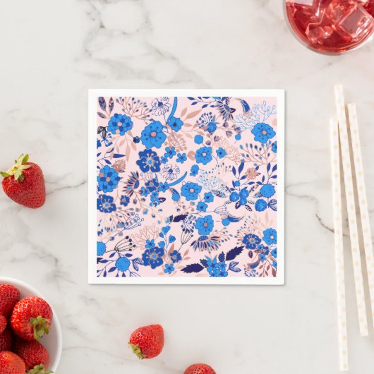 かわいらしAzure Blue赤面ピンクフローライラストレーション スタンダードカクテルナプキン (インサイチュ)