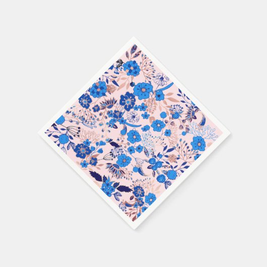 かわいらしAzure Blue赤面ピンクフローライラストレーション スタンダードカクテルナプキン (角)