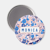 かわいらしAzure Blue赤面ピンクフローライラストレーションM マグネット (正面/裏面)