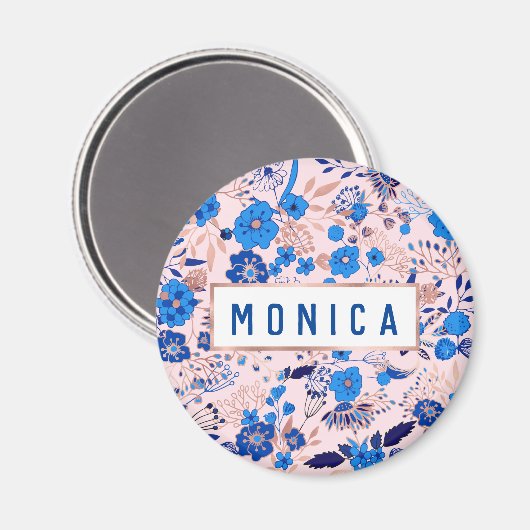 かわいらしAzure Blue赤面ピンクフローライラストレーションM マグネット (正面/裏面)