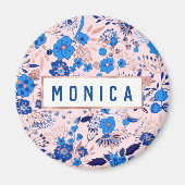 かわいらしAzure Blue赤面ピンクフローライラストレーションM マグネット (正面)