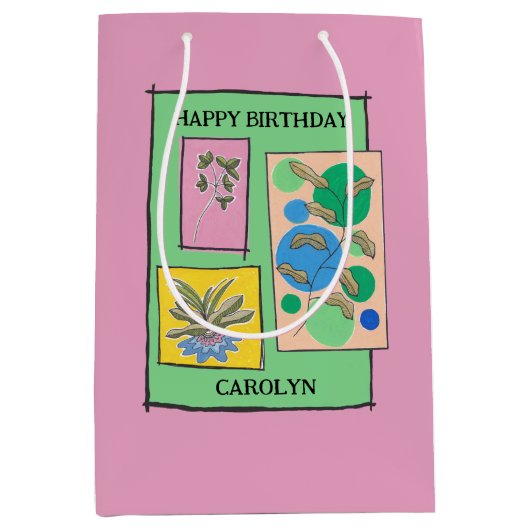 かわいらしdoodle art 3植物，ピンク，誕生日の名前 ミディアムペーパーバッグ (正面)