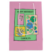 かわいらしdoodle art 3植物，ピンク，誕生日の名前 ミディアムペーパーバッグ (裏面)