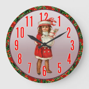 かわいらしGirl in Christmas Garb Wall Clock ラージ壁時計