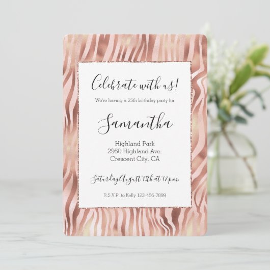 かわいらしGlam Pink Peachバラゼブラプリント   招待状 (スタンド正面)