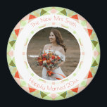 かわいらしGreen Red結婚's Keepsake Photo Gift マグネット<br><div class="desc">緑かわいらしと赤の結婚記念写真ギフトマグネット。緑とパステルシュガーピンクと明るい赤の春と夏の色。春と夏期のモダン幾何学的なパタ縁どーンが中央の写真を取り囲む。この予算冷蔵庫用マグネットの写真フレンドリーを、自分のお祝いの写真に置き換え結婚なさい。上部のデフォルトの文字は、明るい赤で「スミス新婦」と言う。一番下に「Merchany 20xx」という結婚した言葉があり、鮮やかな赤で表されている。上の文字、下の文字と年、そして写真を変更して、これをパーソナライズする。新しい妻与えや、結婚式の日に新婦の母親や新婦の母親や母親、または家族のためのギフトとして感謝してい、サービスと披露宴のための磁気プレゼントと来して。あなたの妻、母、メイド・オブ・オーナー（花嫁付き添い人）、またはあなたの花嫁は、彼らの台所の冷蔵庫やホームオフィスの通知ボードに彼らの家族や友達の結婚には、この磁気の贈り物を置くことが大好き祝。ドパミンのデコールのための美しく、明るく、軽い夏の色で。自分かわいらしの贈り物をカスタム作る。</div>