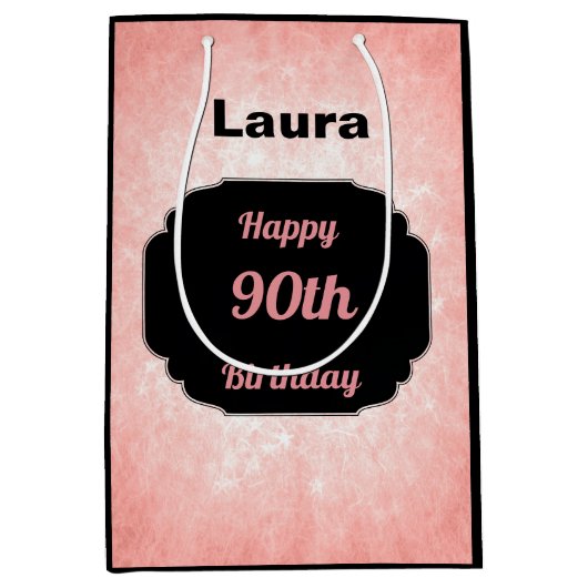 かわいらしpink名前を追加90th birthday ミディアムペーパーバッグ (正面)