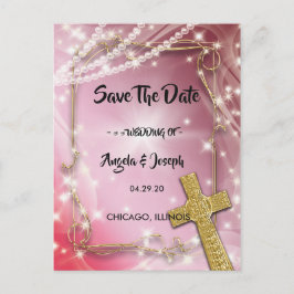 かわいらしPink Pearl Cross Save the Date 案内ポストカード