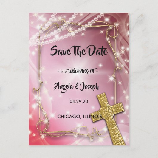 かわいらしPink Pearl Cross Save the Date 案内ポストカード (正面)