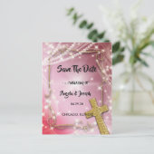 かわいらしPink Pearl Cross Save the Date 案内ポストカード (スタンド正面)