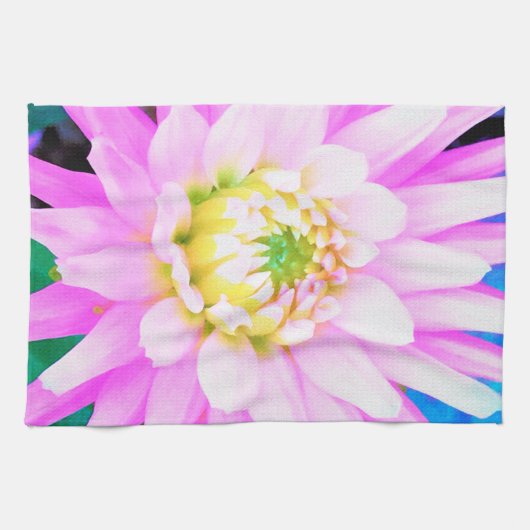 かわいらしPink、White、Yellow Cactus Dahliaマクロ キッチンタオル (横)
