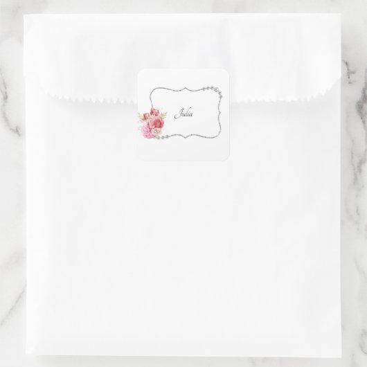 かわいらしRhinestoneおよびフローラフレパーソナライズされたーム スクエアシール (バッグ)