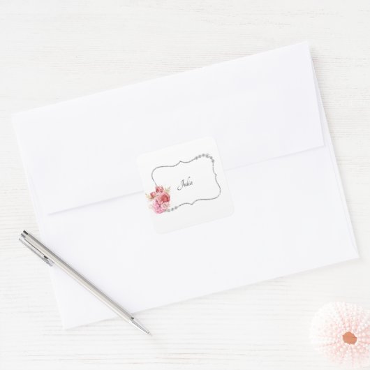 かわいらしRhinestoneおよびフローラフレパーソナライズされたーム スクエアシール (封筒)