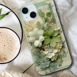 かわいらしSage GreenとWhiteの3dフローラスクラップブック iPhone 15ケース