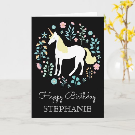 かわいらしUnicornとFlowers Black パーソナライズされた カード (黄色い花)