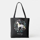 かわいらしUnicornとFlowers Black パーソナライズされた トートバッグ (裏面)