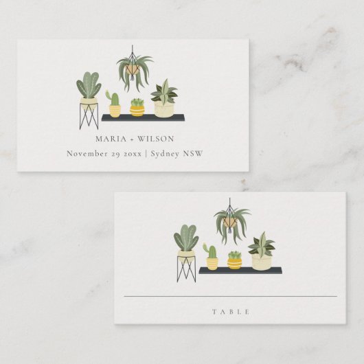 かわいエレガントい鉢状の多肉植物結婚の プレイスカード (正面/裏面)