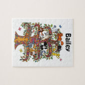 かわいカラフルい木の猫と花のモノグラム名 ジグソーパズル (横)