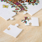 かわいカラフルい木の猫と花のモノグラム名 ジグソーパズル (側面)