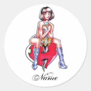 かわいクールいマンガガールハートと短剣の入れ墨 ラウンドシール